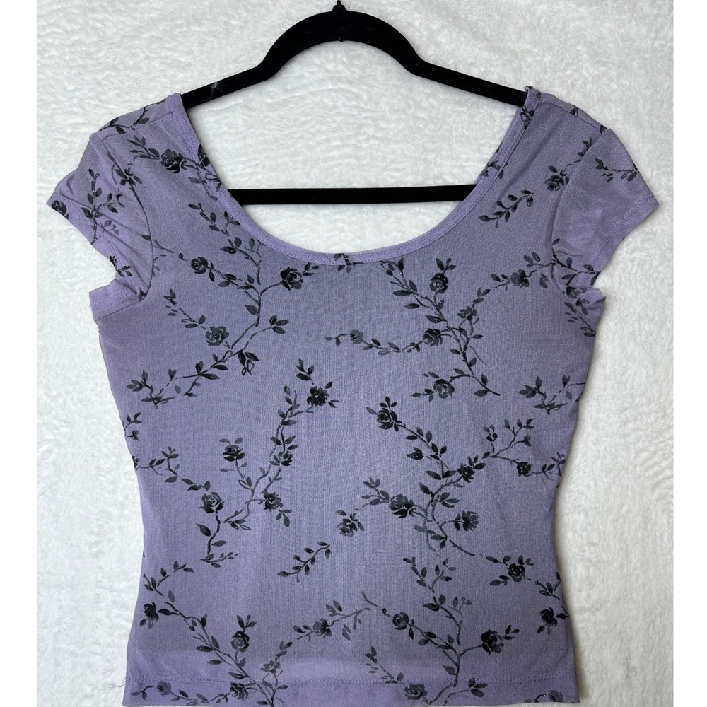 XOXO Floral Mesh Y2K Top Womens Medium Purple Black Short Sleeve Scoop Neck 0837